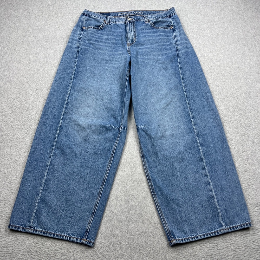 American Eagle Dreamy Drape Barrel Jeans Womens 10 Blue Wide Leg Loose Denim Y2K